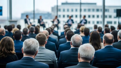 Obraz premium Conference attendees listen to speakers on a stage at a business event