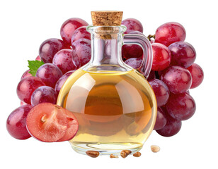 Still life composition with grapes, oil, and ingredients on a black background