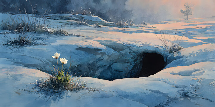 groundhog day art concept, a serene watercolor depicts a melting snowy landscape with a round burrow entrance and a blooming flower, entitled groundhog day