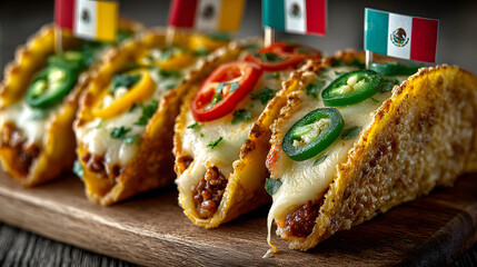 Festive mini tacos topped with jalapenos and cheese, adorned with Super Bowl-themed flags, perfect for game day celebrations and gatherings