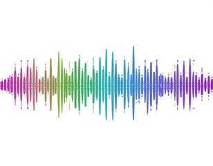 Colorful wave design visually representing audio. Gradient shades span the spectrum. Vertical lines pulse on a white background