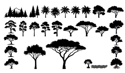 Vector tree silhouette collection showing diverse vegetation zones and landscape types © SobujChandra