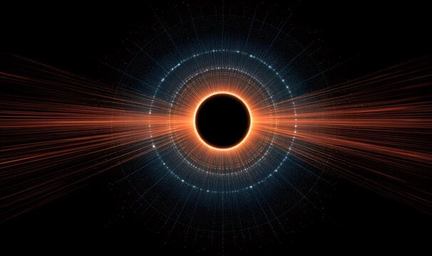Abstract digital rendering showing a black hole or singularity pulling light and energy, forming glowing rings and cosmic rays in space