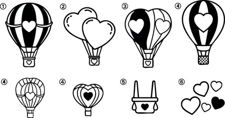 Fototapeta premium Heart shaped hot air balloons and balloon baskets vector icons in black and white with love theme