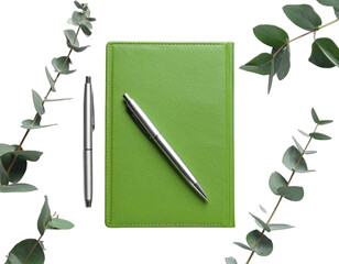 Overhead shot of a green leather journal with a silver pen and eucalyptus leaves against a black backdrop
