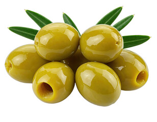 Close-up of pitted green olives and olive leaves against a transparent black background