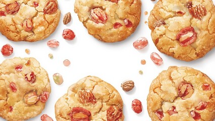 Homemade cookies with nuts and candied fruits on a white background.