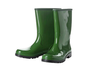 Pair of glossy green rubber boots on black background, showcasing seasonal footwear