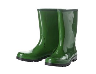 Pair of glossy green rubber boots on black background, showcasing seasonal footwear