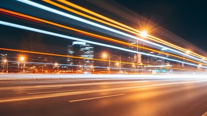 Long exposure of bright streaks of light from vehicles on a highway at night in a city