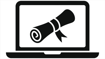 Online Education and Digital Certification Icon on Laptop Screen. E-Learning Concept, Web Diploma, Virtual Graduation, Distance Learning Achievement, Remote Training and Academic Success Illustration.