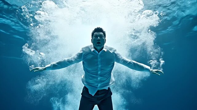Businessman sinking deep underwater after being submerged in water