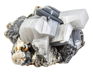 Close-up of a striking mineral specimen with layered, white and gray crystalline structures