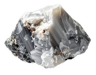 A close-up image showcases a striking, layered rock formation with varying shades of grey and white