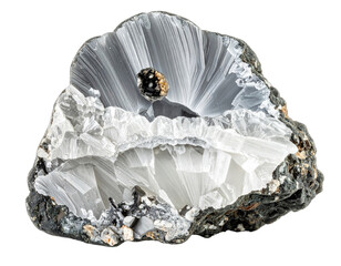 Close-up of a cut open, geode-like formation, revealing a crystalline interior with a dark center