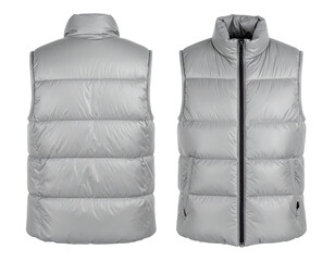 Two-sided studio shot of a light gray, quilted, sleeveless garment. Isolated on a black background