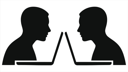 Online Tutoring Icon. Vector silhouette of two people with laptops for e-learning, distance education, and virtual communication. One-on-one remote learning concept.