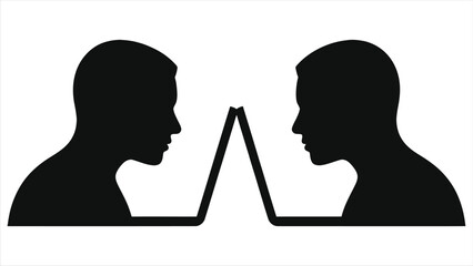 One-to-one online tutoring video call, e-learning teacher and student on laptops, virtual classroom consultation, distance education concept, black silhouette  isolated on white for remote learning