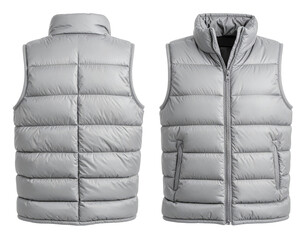 Front and back views of a puffy, light gray, quilted vest with a collar and zipper