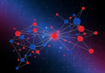 Digital image depicts a network of interconnected red and blue spheres, suggesting data flow and complex connectivity against a dark background