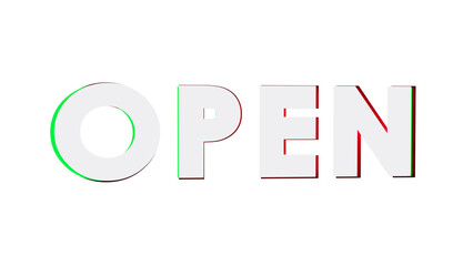 3D OPEN Text with Digital Glitch Effect: Modern Cyberspace Button Graphic with Chromatic Aberration, Cyan Magenta Color Offset, and Futuristic Technology Interface Style.