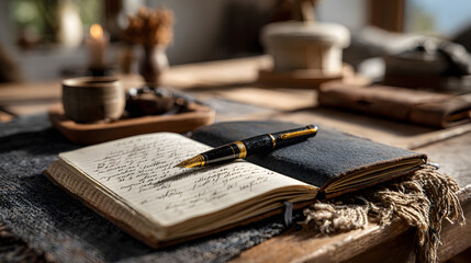 cozy desk scene featuring a stylish notebook dedicated to setting 2025 goals inspires motivation and organization. dreams and aspirations, it encourages productivity and personal growth