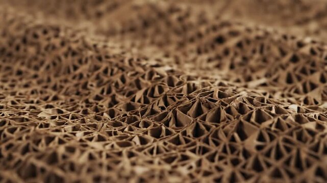 Seamlessly looping abstract motion background featuring an animated, textured pattern of recycled brown corrugated cardboard packaging material minimalist, geometric, seamlessly looping