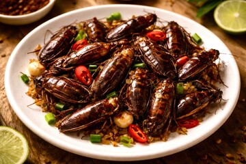 A plate of bugs with red peppers and cilantro on top