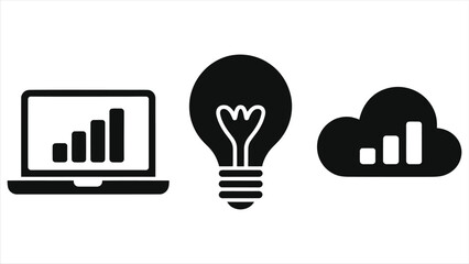 E-learning vector icons set. Laptop, light bulb and cloud symbols for online education, digital training and webinar infographics. Black silhouettes on white background.