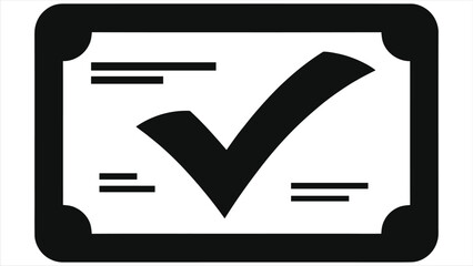 Digital certificate icon with checkmark vector. E-learning graduation diploma symbol. Verified completed course badge. Educational achievement sign. Simple black and white silhouette for app UI design