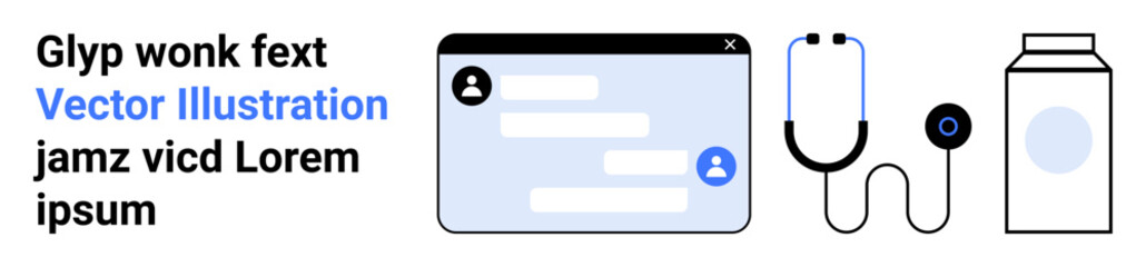 Obraz premium Telemedicine, healthcare, communication, diagnostics, online consultation, pharmacy. Messaging window, stethoscope medicine bottle. Telemedicine and healthcare services concepts