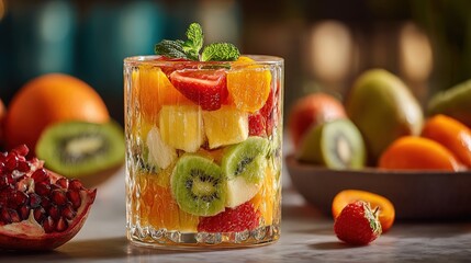 Refreshing glass filled with colorful diced fresh fruit mixture garnished with green leaves