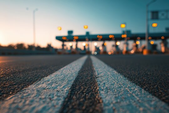 Low-angle view of asphalt road with dashed line leading to toll booth at dawn
