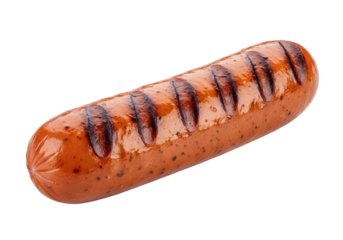 Perfectly grilled hot dog sausage with prominent char marks and visible seasoning, in a high-key studio on a transparent background with soft diffused lighting and negative space. Concept for food