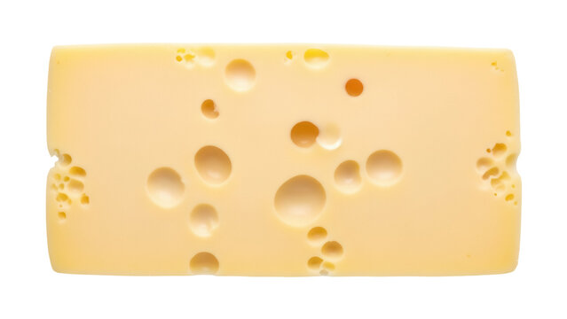 Swiss cheese block isolated PNG, yellow dairy product with holes on transparent background, emmental cheese for food design and culinary projects