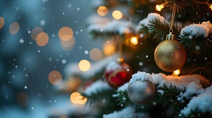Close-up view of a snow-covered evergreen tree branch adorned with festive Christmas ornaments and twinkling lights during a gentle snowfall, creating a magical winter wonderland atmosphere