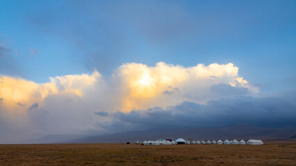 Traditional Yurt tent camp at the Issyk Kul lake plateau in Kyrgyzstan.