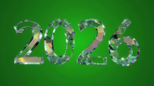 Shimmering 2026 digits crafted from multifaceted crystal, set against a vibrant green, symbolizing brilliant new beginnings and a prosperous future, ideal for festive celebrations and elegant designs