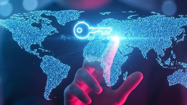 Digital key unlocking a world map with glowing continents