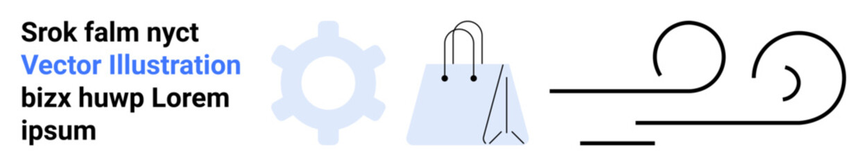 Naklejka premium E-commerce, retail business, innovation, automation, logistics, productivity. A shopping bag, gear icon and abstract wind lines in a minimalist style. E-commerce and retail business concepts