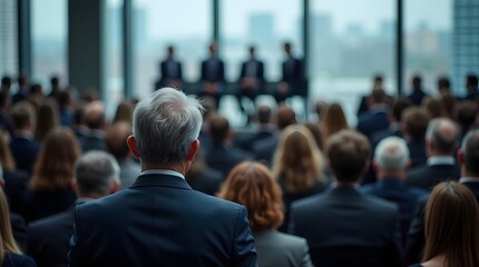 Obraz premium Business professionals attending a conference or meeting with speakers on stage in the background, observed from behind the audience