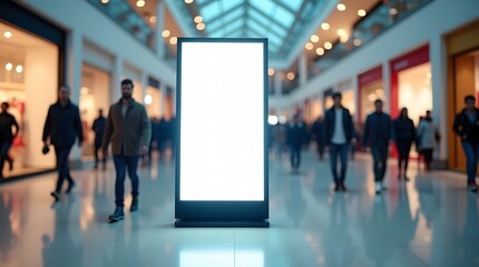 Blank advertising screen in a busy shopping mall with people walking past, a retail advertisement space