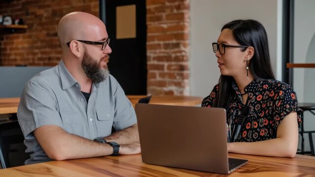 Two people sitting together with a laptop open in front of them, appearing engaged in discussion.