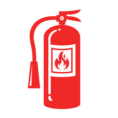 Fire extinguisher with burning flame vector flat red illustration. Flat design infographic warning symbol.