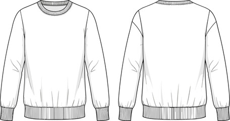 lank men's long sleeve crew neck sweatshirt with side pockets technical flat sketch template, front and back view, apparel vector. © Borhan Creatives