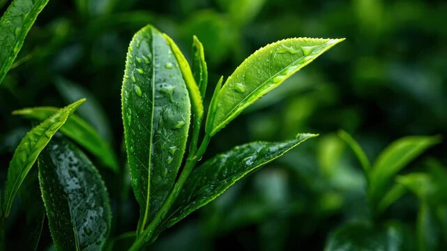 Fresh tea leaves with water droplets captured in a tea garden during early morning hours in a lush green setting