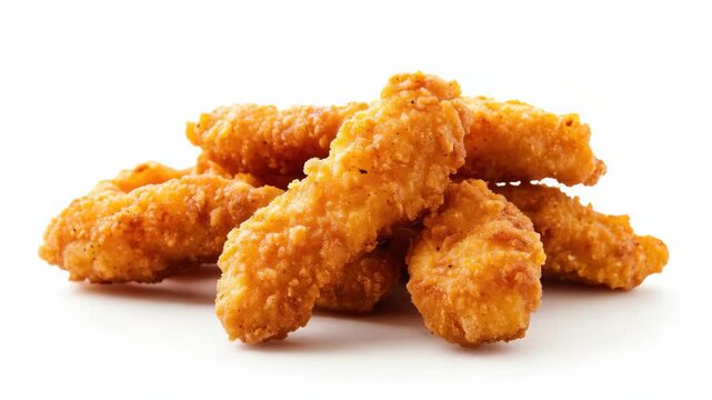 A plate of golden brown, crispy fried chicken fingers on a white surface with a blurred background. A close-up shot emphasizing the appetizing texture and color of these finger foods.