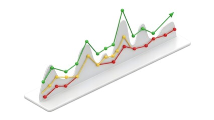 A 3D graph with green, yellow, and red lines on a white background