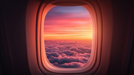 A vibrant sunset viewed through an airplane window, showcasing colorful clouds and a stunning sky.