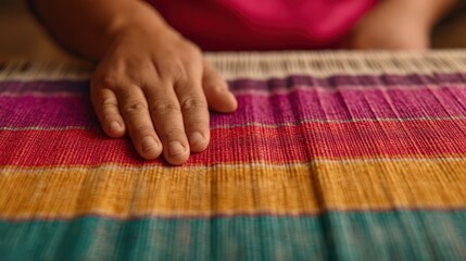 A close-up of a person's hand resting on vibrant, textured fabric featuring stripes of purple, orange, and teal, suggesting craftsmanship and cultural artistry.